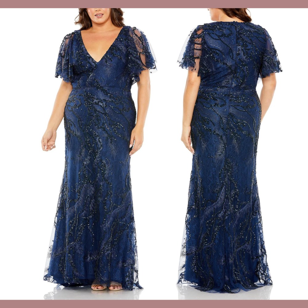 Nwt Mac Duggal [ 24w ] 68432 V Neck Flutter Sleeve Embellished Gown Blue